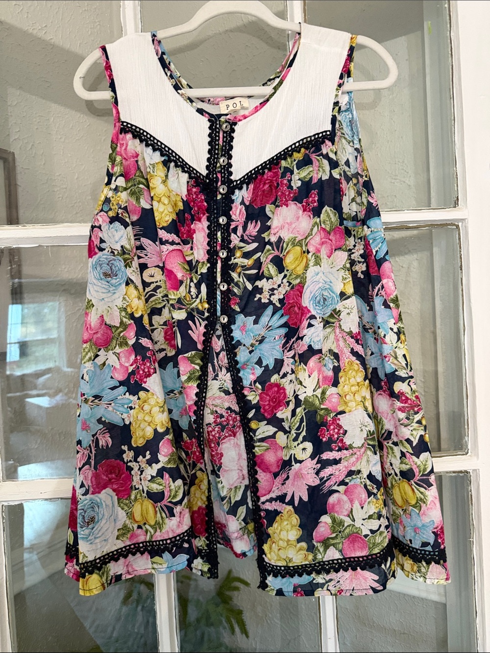 POL Navy Floral Button-Front Swing Tank with White Yoke